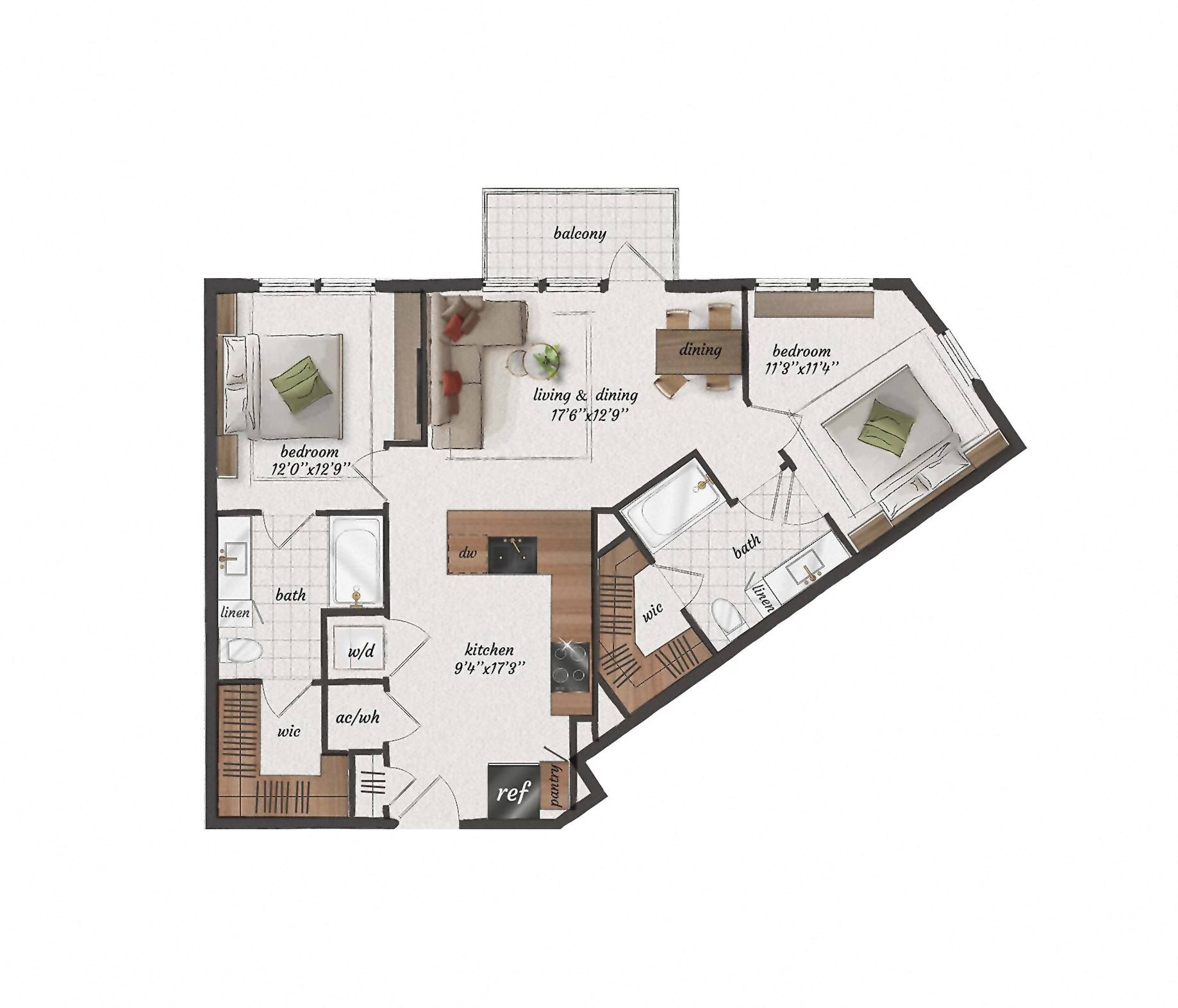 Floor plan for 2 beds, 2 baths, 1020 sqft